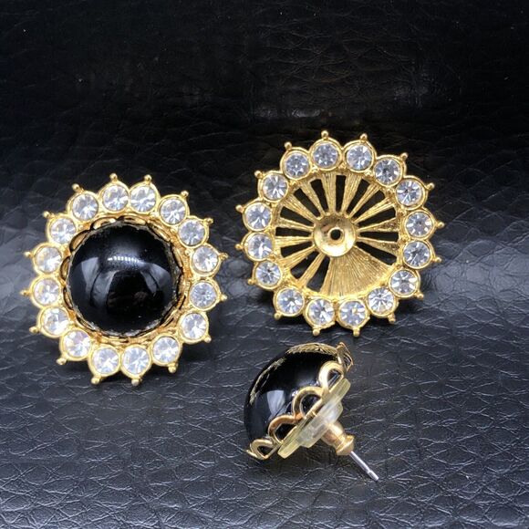 Vintage Joan Rivers Earrings Convertible Rhinestone Frame Black Dome Posts - Picture 5 of 10
